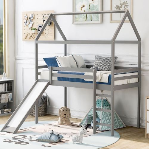 Twin Loft Bed with Slide, House Bed with Slide,Gray(OLD SKU :WF286245AAE) Twin Loft Bed with Slide, House Bed with Slide,Gray(OLD SKU :WF286245AAE)