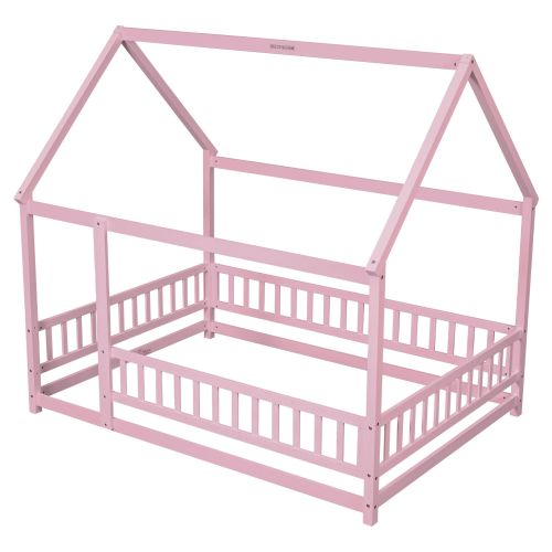 Full Size Floor Wooden Bed with House Roof Frame, Fence Guardrails ,Pink Full Size Floor Wooden Bed with House Roof Frame, Fence Guardrails ,Pink
