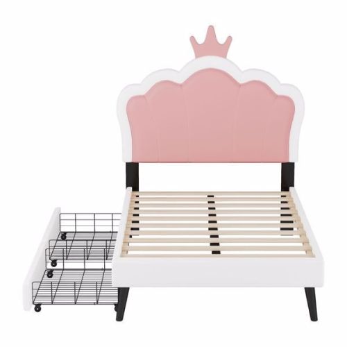 Twin Size Upholstered Princess Bed With Crown Headboard and 2 Drawers,Twin Size Platform Bed with Headboard and Footboard, Pink+White Twin Size Upholstered Princess Bed With Crown Headboard and 2 Drawers,Twin Size Platform Bed with Headboard and Footboard, Pink+White