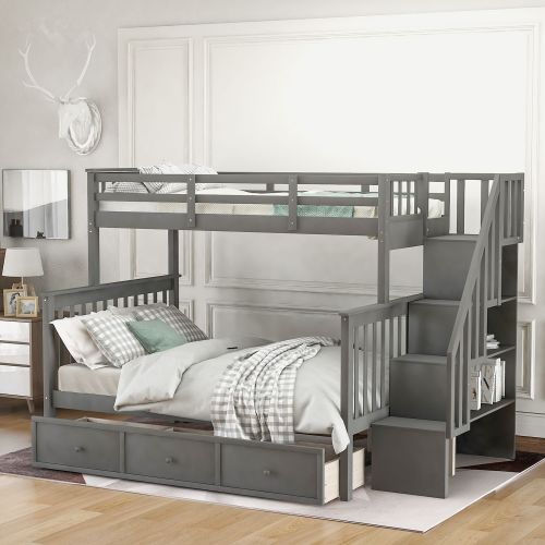 Stairway Twin-Over-Full Bunk Bed with Drawer; Storage and Guard Rail for Bedroom; Dorm; for Adults Stairway Twin-Over-Full Bunk Bed with Drawer; Storage and Guard Rail for Bedroom; Dorm; for Adults