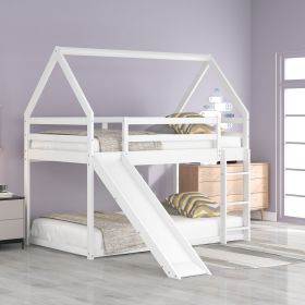 Twin over Twin Low Bunk Bed, House Bed with Ladder , White (Color: White, STYLE: Slide)