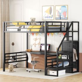 Full Size Metal Loft Bed with Desk, Storage Staircase and Small Wardrobe, Storage stairs can be installed left and right (Color: Black)